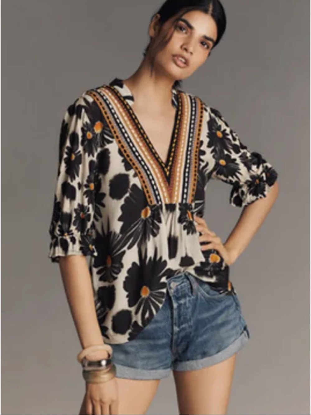 Anthropologie Blank London Stephanie Top Sz XXS Black Daisy Floral Boho Flowy